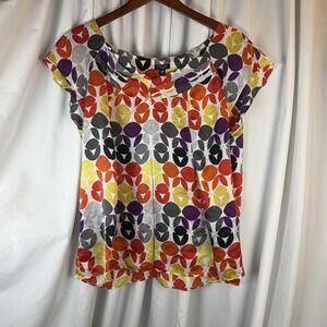 Nine West Silk Blouse Orange Gray White Floral Geo Sleeveless V Neck Pleats 14W